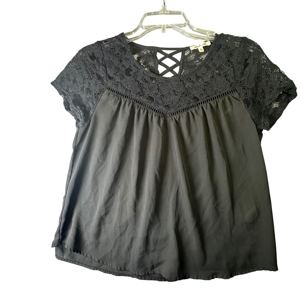 Bleuh Ciel Black Lace Yoke Blouse Lattice Backβ Boho Chic Top Size S Small Black